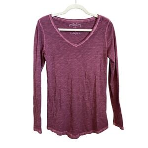 Peruvian Connection Long Sleeve V Neck Washed Berry Cotton T-Shirt Size XS